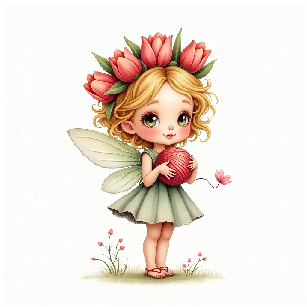 little fairy , tulip flowers crown, a ball of yarn in her hands, beautiful glitter aquarel scetch , pastel colours, Karamfila style , miniature ,unusual images, magical creatures,many details,illustrations for printing on any surface, creative files 30 PNG,conception artwork,graphic designs, ferrite illustrations,scrapbooking materials,artwork karamfila design