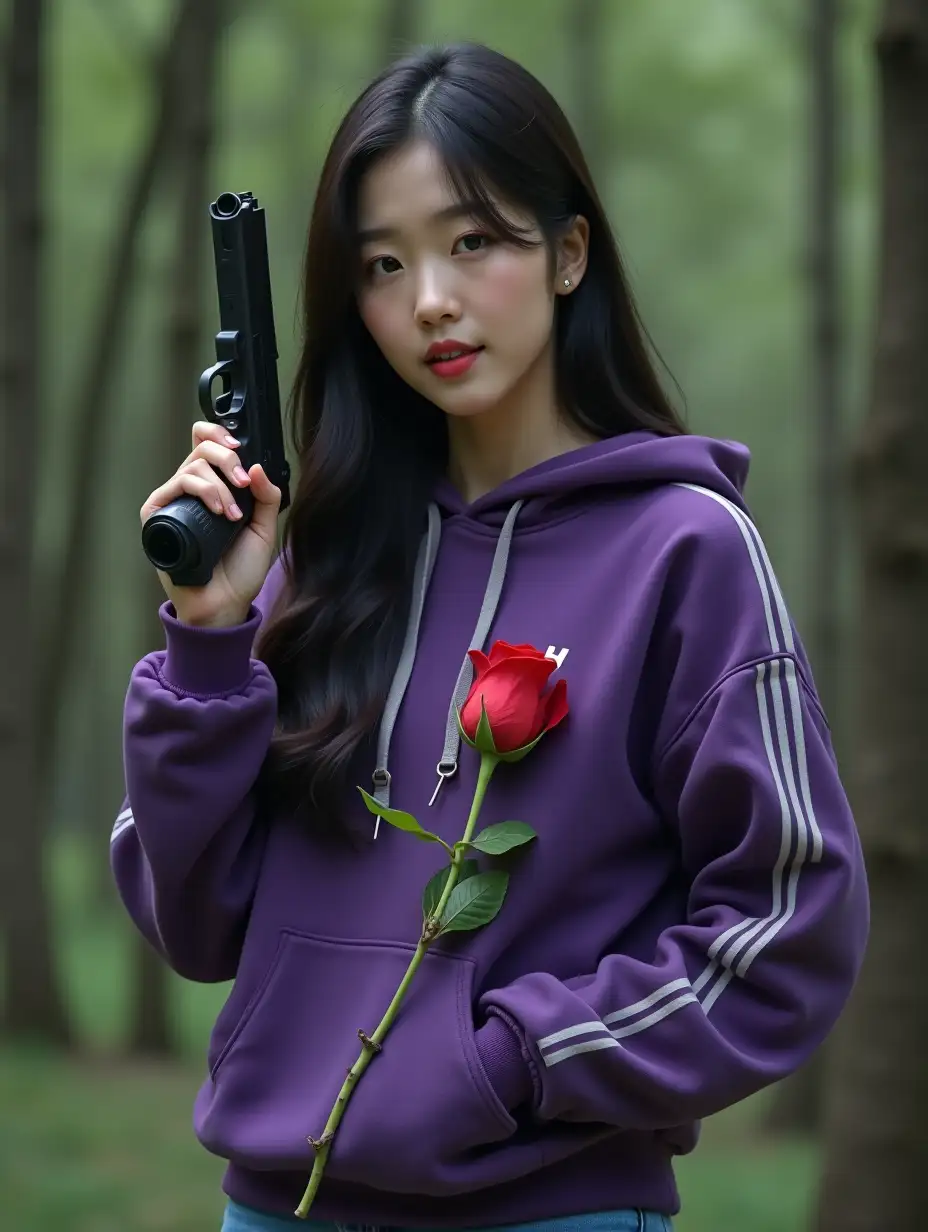 Super HDR, naturalistic, a beautiful korean woman, holding gun and rose wearing purple hoodie, wearing blue jeans, with gray stripes and forest background, intricate, highly detailed, sharp focus, dark black and gray tabby,  photo, professional movie, professional picture, ultra detailed, ultra realistic, cinematic, sharp focus