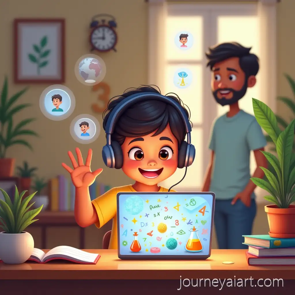 CheerfulAI-Art-Prompt-Expansion-Indian-Child-Engaged-in-Online-Learning-at-a-Home-Desk-with-Vibrant-Laptop-Screen