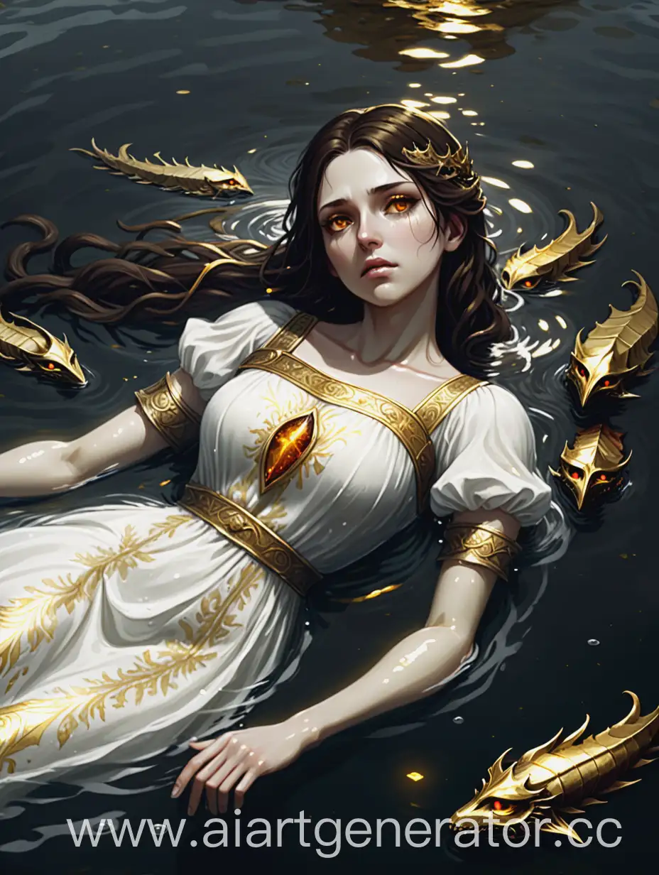 Woman-with-Dark-Brown-Hair-in-White-Dress-with-Gold-Inlays-Floating-in-Water-Dark-Souls-Style