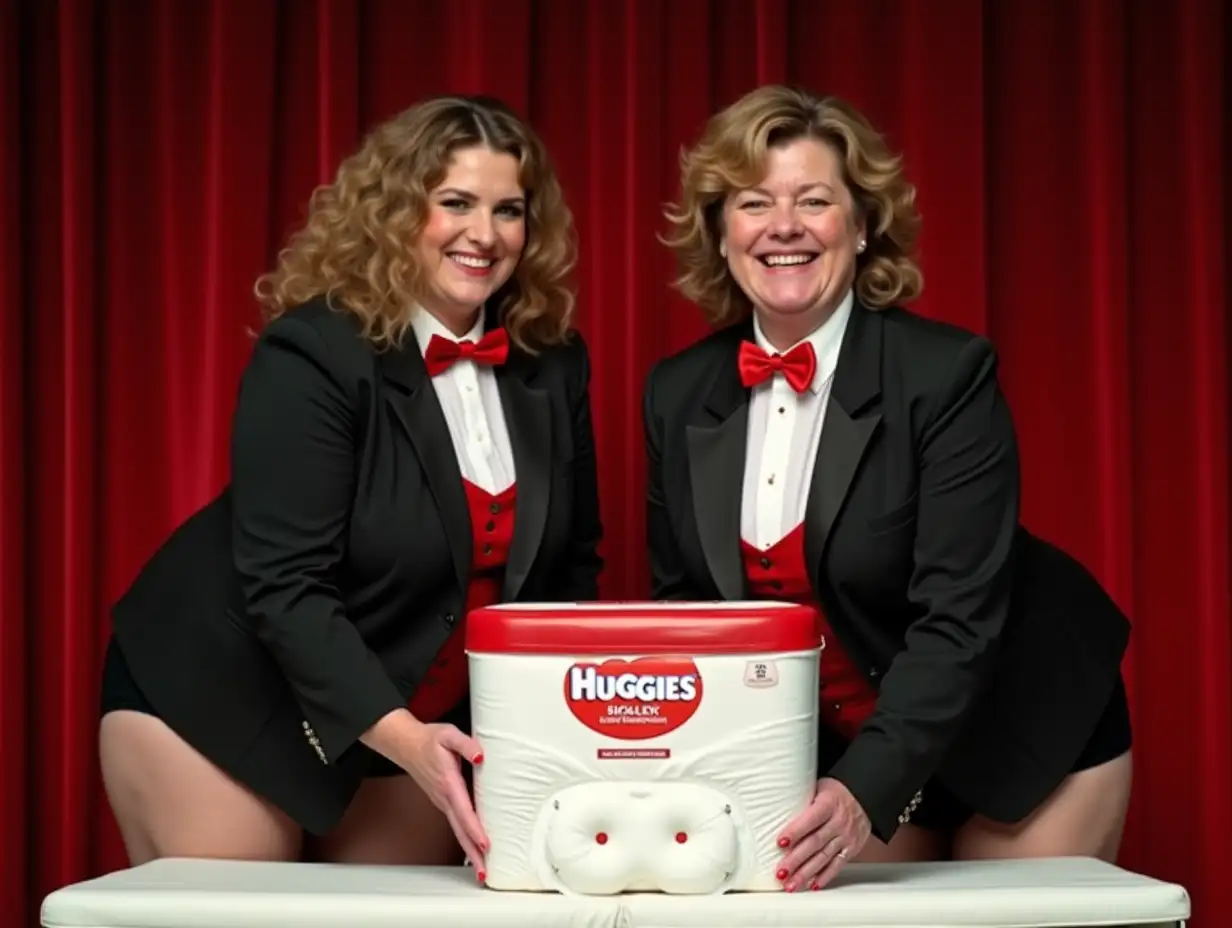 ((photo realistic)), (two matching sweet laughing older-aged larger plump obese body type with large wide hips) ((Caucasian female women)), with mid-length light brown curly pulled back on sides 1980s hair with curly bangs, wearing a very formal orchestra concert tuxedo with (black long sleeve high cut cropped above waist Eton jacket with a red and white name tag with the Huggies logo), (((white tuxedo shirt, with tight very high standing wingtip collar, and many thick vertical pleats front))), (((red diamond point bow tie with red thick adjustable neckband))), red cummerbund, (((black very tight high cut spandex brief))), fishnets, (((looking at viewer while bending forward over a white padded changing table consisting of one extra large sized white and red plastic rounded box of Huggies Diapers, while holding up a bright white extra large sized folded plastic backed disposable diaper in her hand, on a stage, with a red curtain backdrop, with a sign that reads 'Diaper Derby'))), (((close up pov front view)))