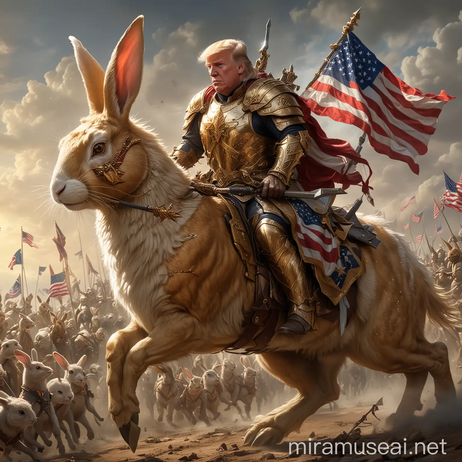 Donald J Trump in Golden Paladin Armor Riding Bunny Mount with Halberd and American Flag