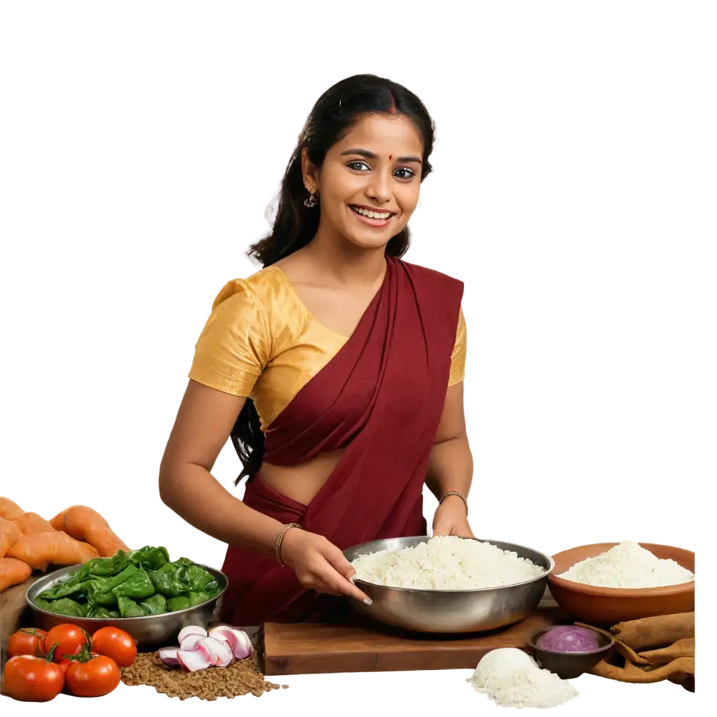 Charming-Kerala-Woman-Preparing-Homemade-Meal-PNG-with-Traditional-Attire-and-Rustic-Kitchen-Setting