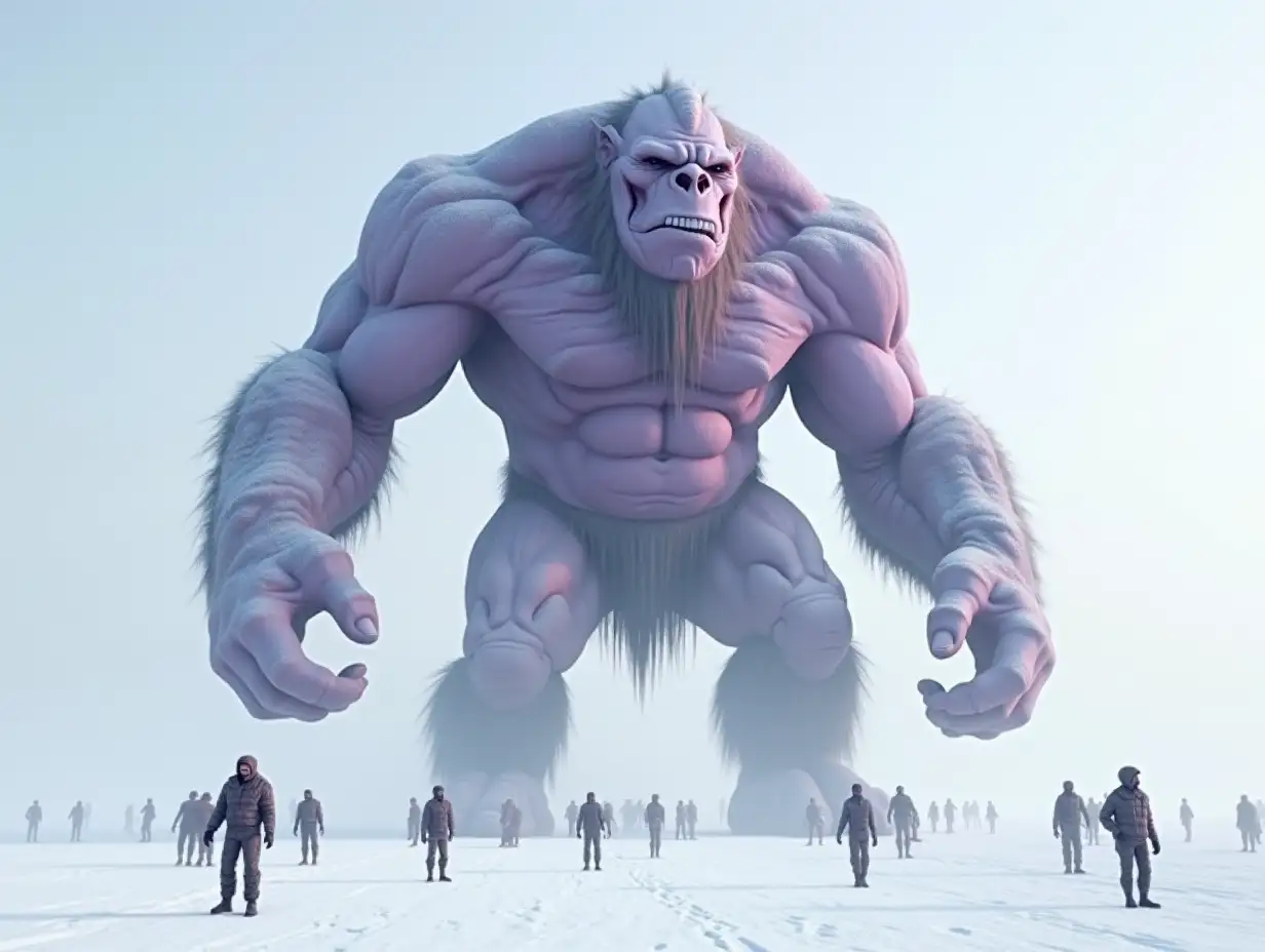 Create for me a 20 meter Android Titan Troll in purple white in a vast snowy desert with many people