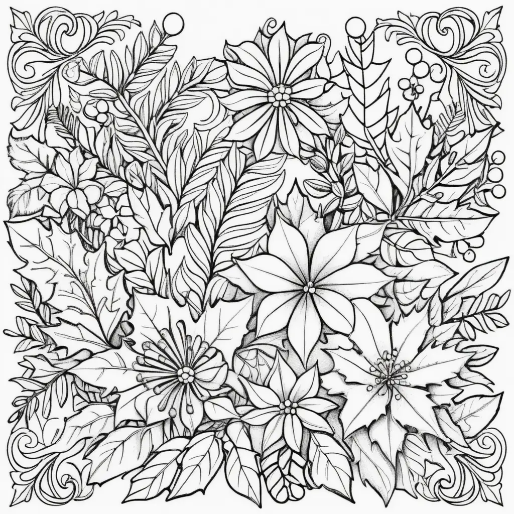 Detailed Christmas Floral Decoration Adult Coloring Page