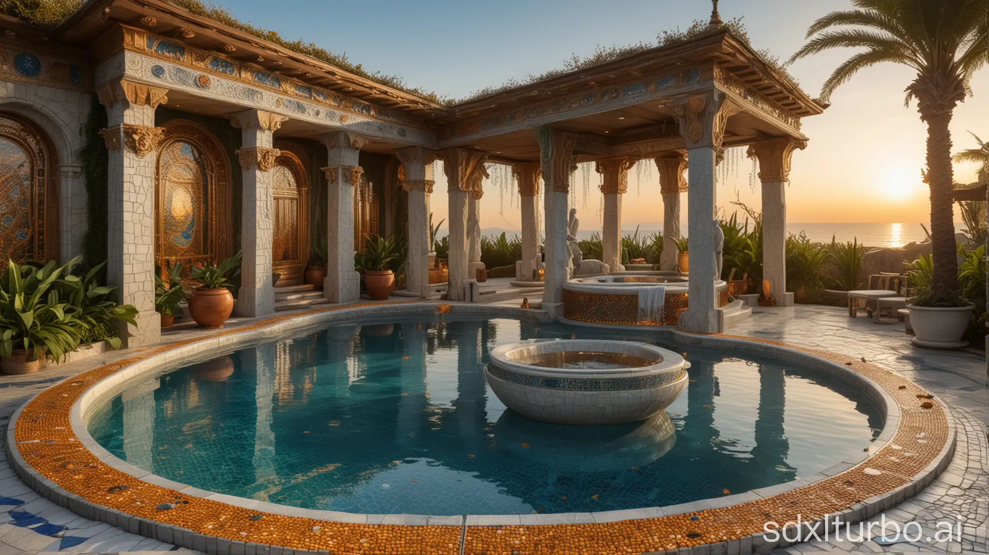 a vast luxury atlantide outdoor spa in alien style, with adorned stone and amber sculptures, many magical signs on walls, crystals, green plants, cups, blue and white pool mosaic, sunset atmosphere, highly detailed