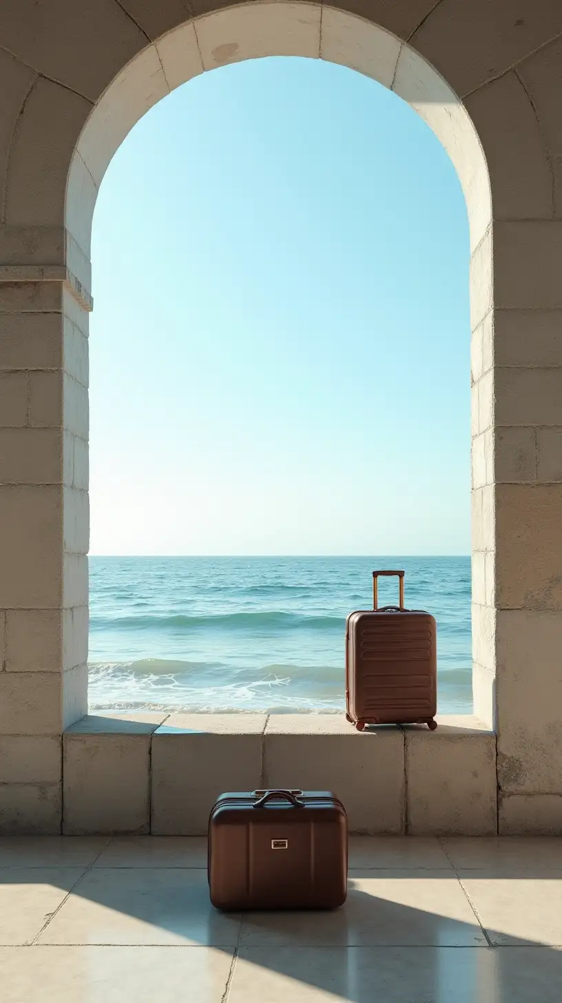 Surreal Harbor Scene with Suitcases on Stone Wall