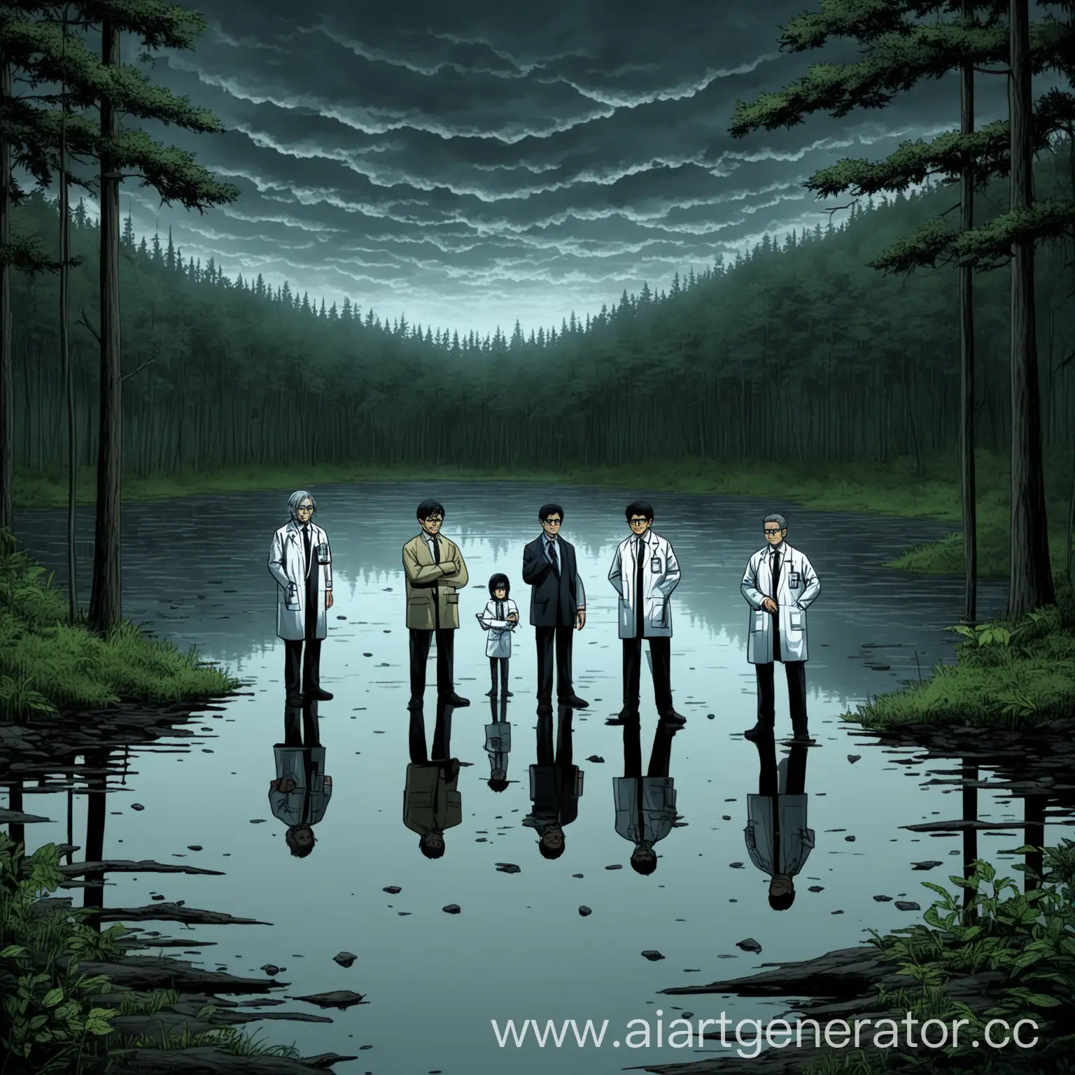 Forensic-Scientists-and-Investigator-Near-a-Gloomy-Lake-in-the-Forest-Style-Junji-Ito