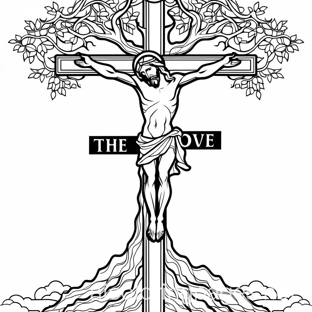 jesus on the cross can be see in a tree in a line art logo, Coloring Page, black and white, line art, white background, Simplicity, Ample White Space. The background of the coloring page is plain white to make it easy for young children to color within the lines. The outlines of all the subjects are easy to distinguish, making it simple for kids to color without too much difficulty