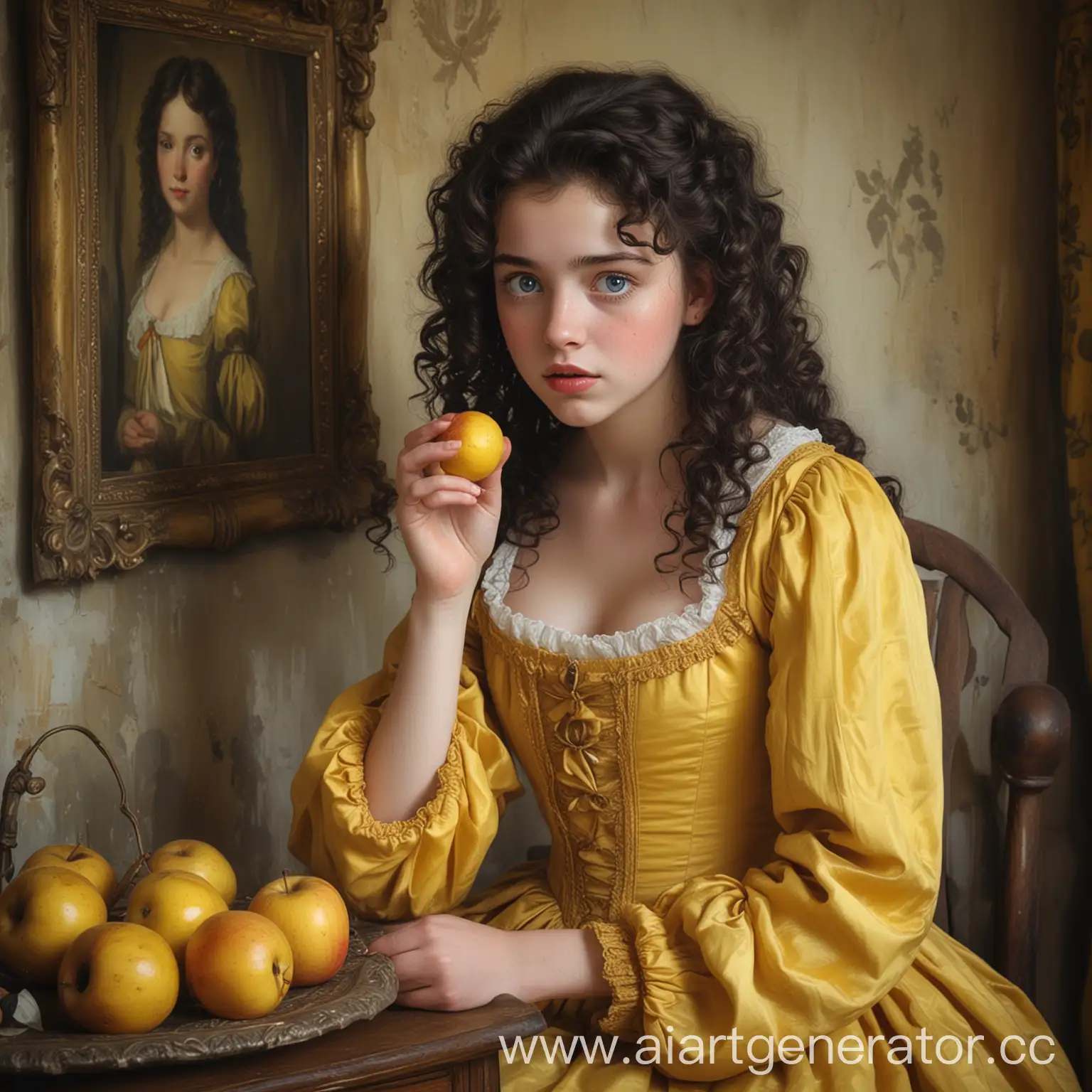 Sad-Girl-in-17th-Century-Yellow-Dress-Holding-Apple