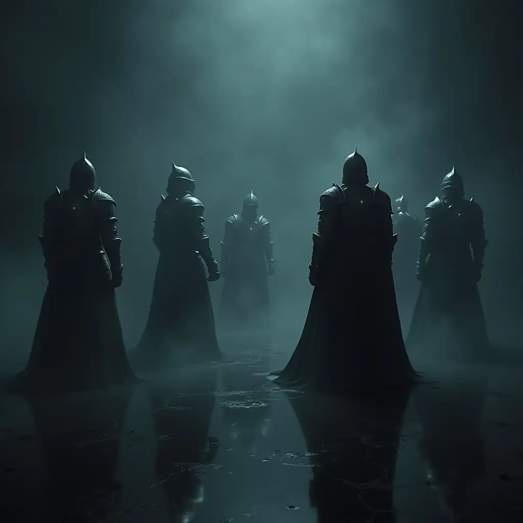 A scene showing the knight in a dark, reflective space, battling shadowy versions of themselves. Their armor glows faintly, symbolizing their inner strength and struggle against their own doubts and fears.