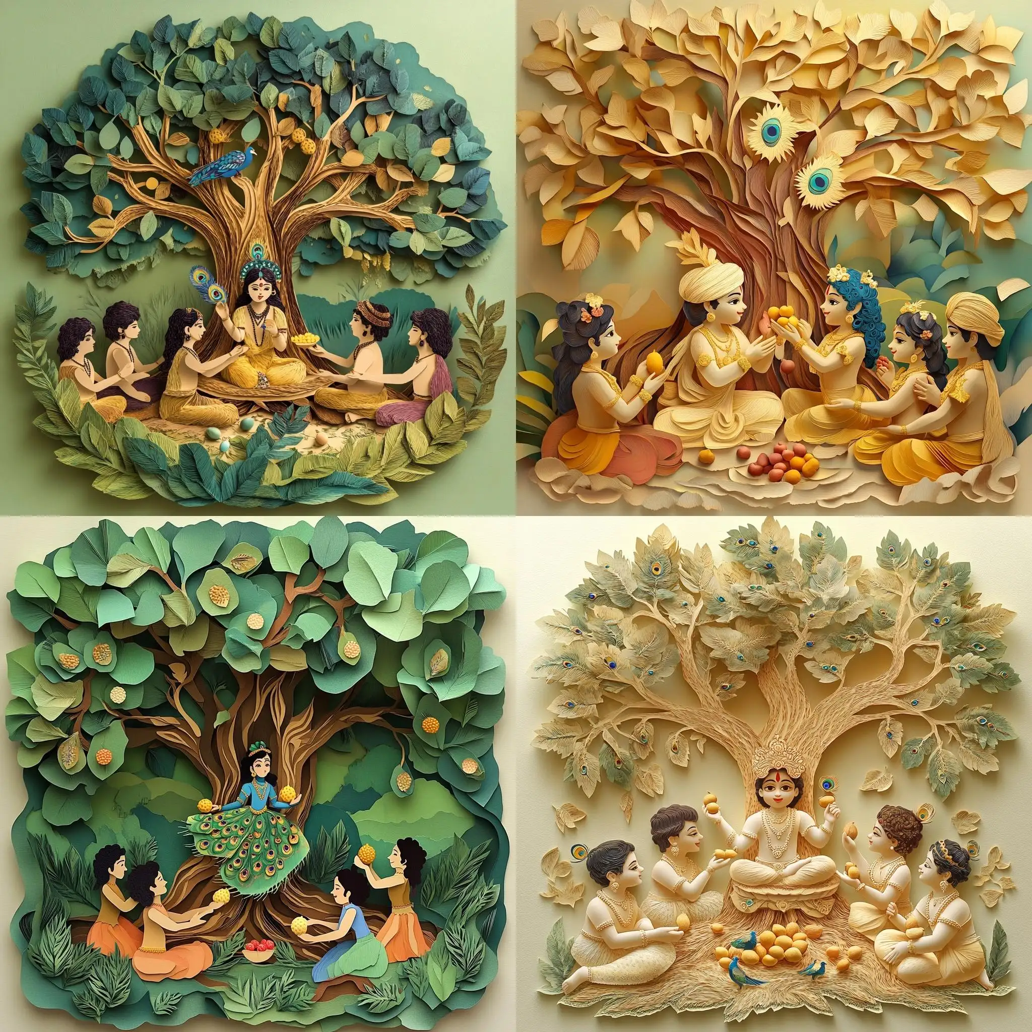 Lord-Krishna-Sharing-Fruits-Under-Banyan-Tree-in-3D-PaperCut-Style