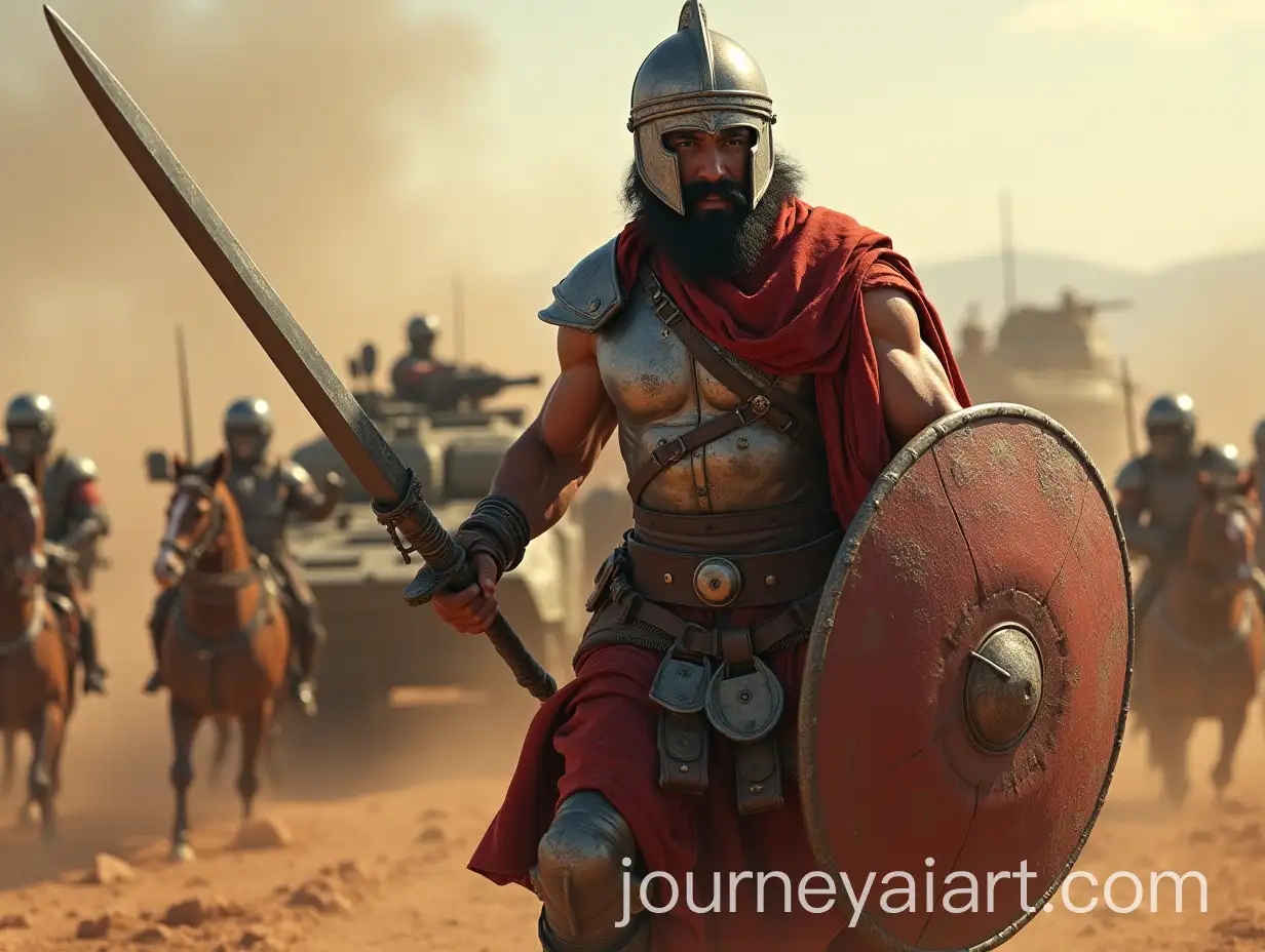 Muscular-Muslim-Warrior-Battling-Modern-Army-with-Sword-and-Shield