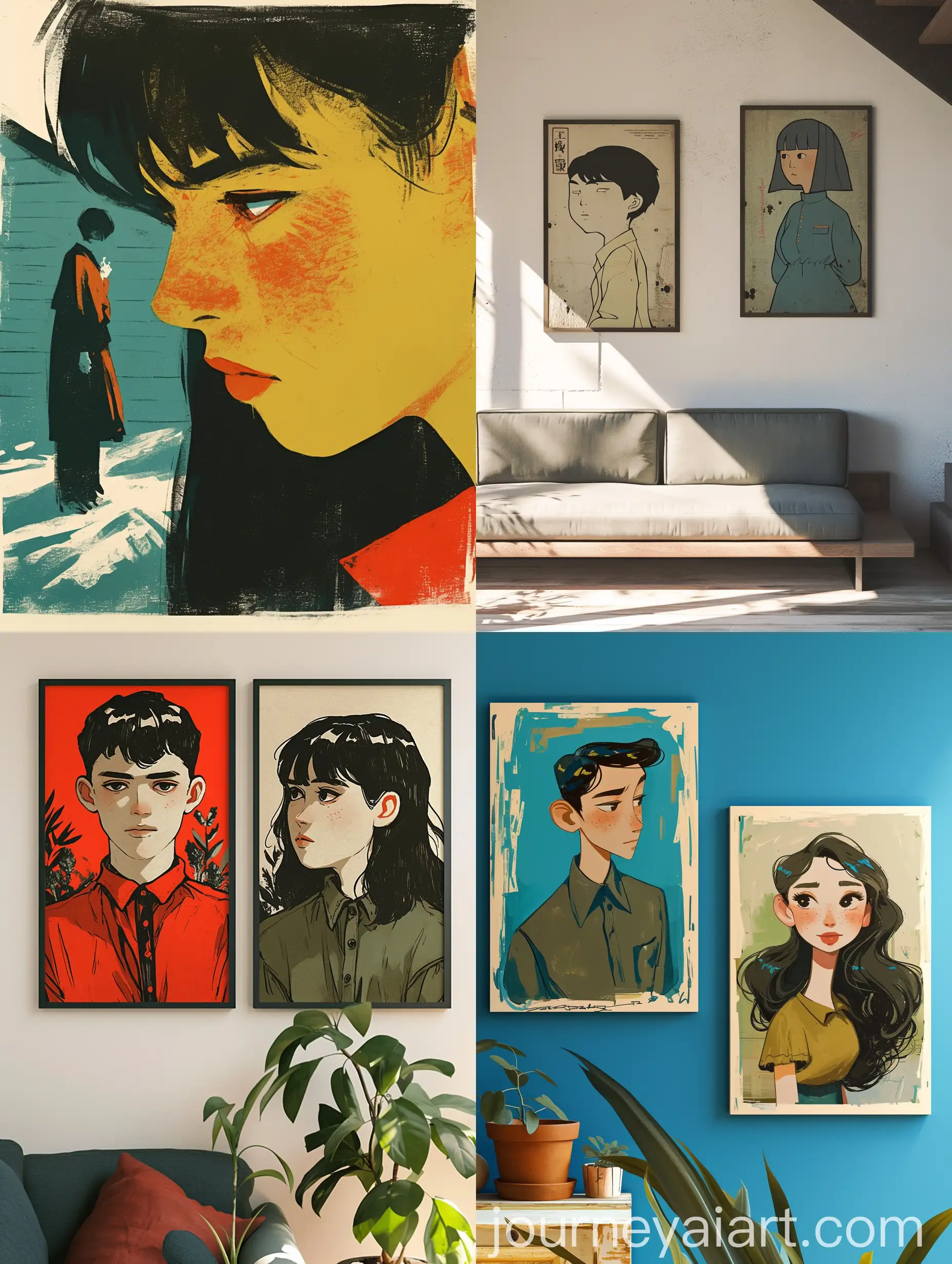 Two-Posters-on-Wall-Cartoon-Caricature-Young-Man-and-Woman-Portraits