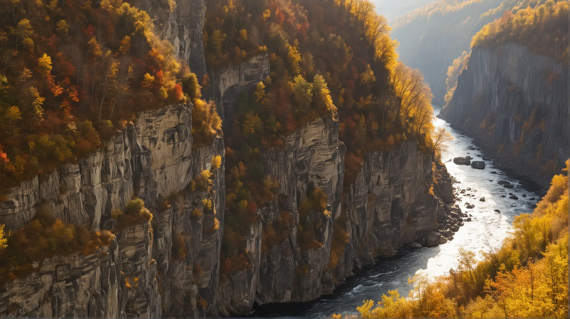 Scenic Wild River Gorge in Autumn Sunlight