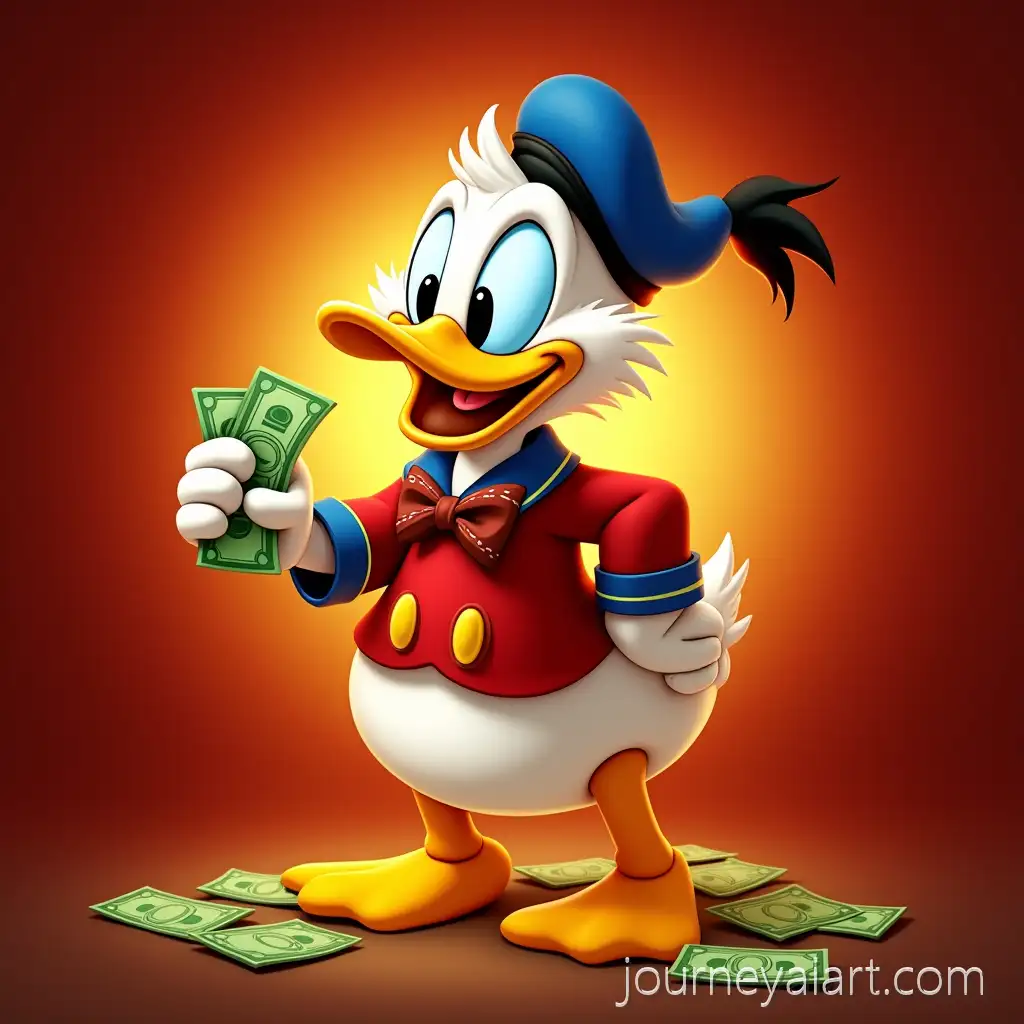 Happy-Scrooge-McDuck-Surrounded-by-Money-on-Luxurious-Gold-and-Red-Background