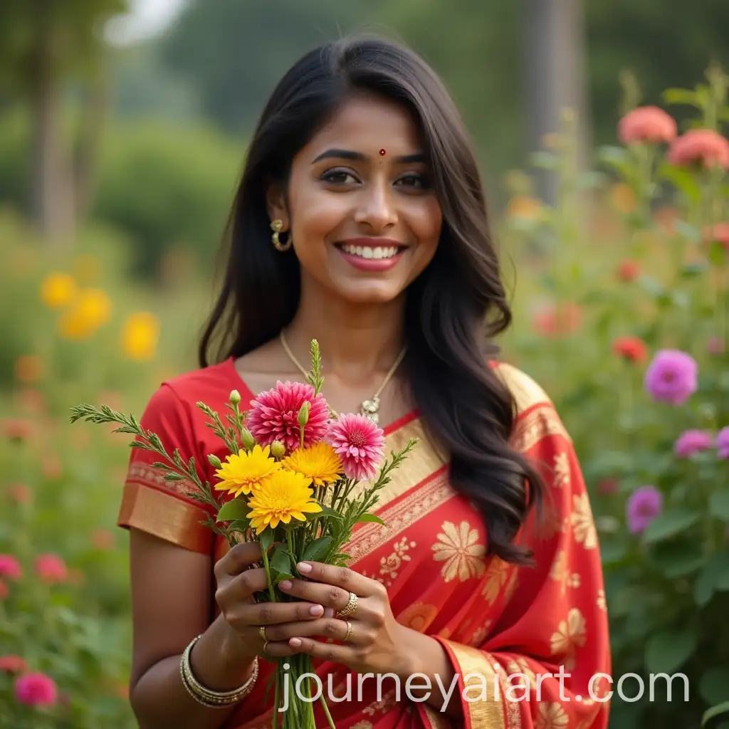 Indian-Woman-in-Saree-Collecting-Flowers-from-Garden