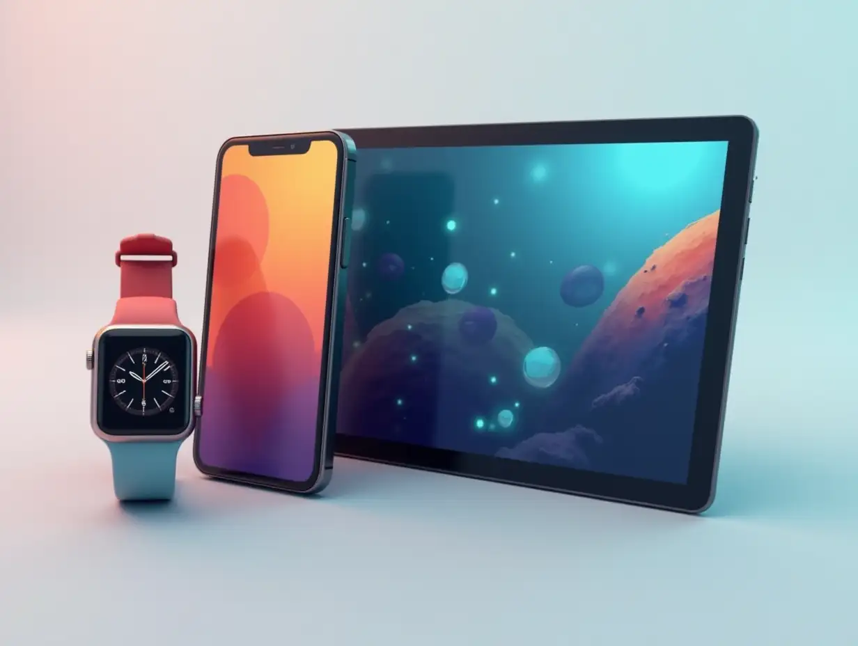 Create an image with three devices side by side, a smartphone, smartwatch, and tablet