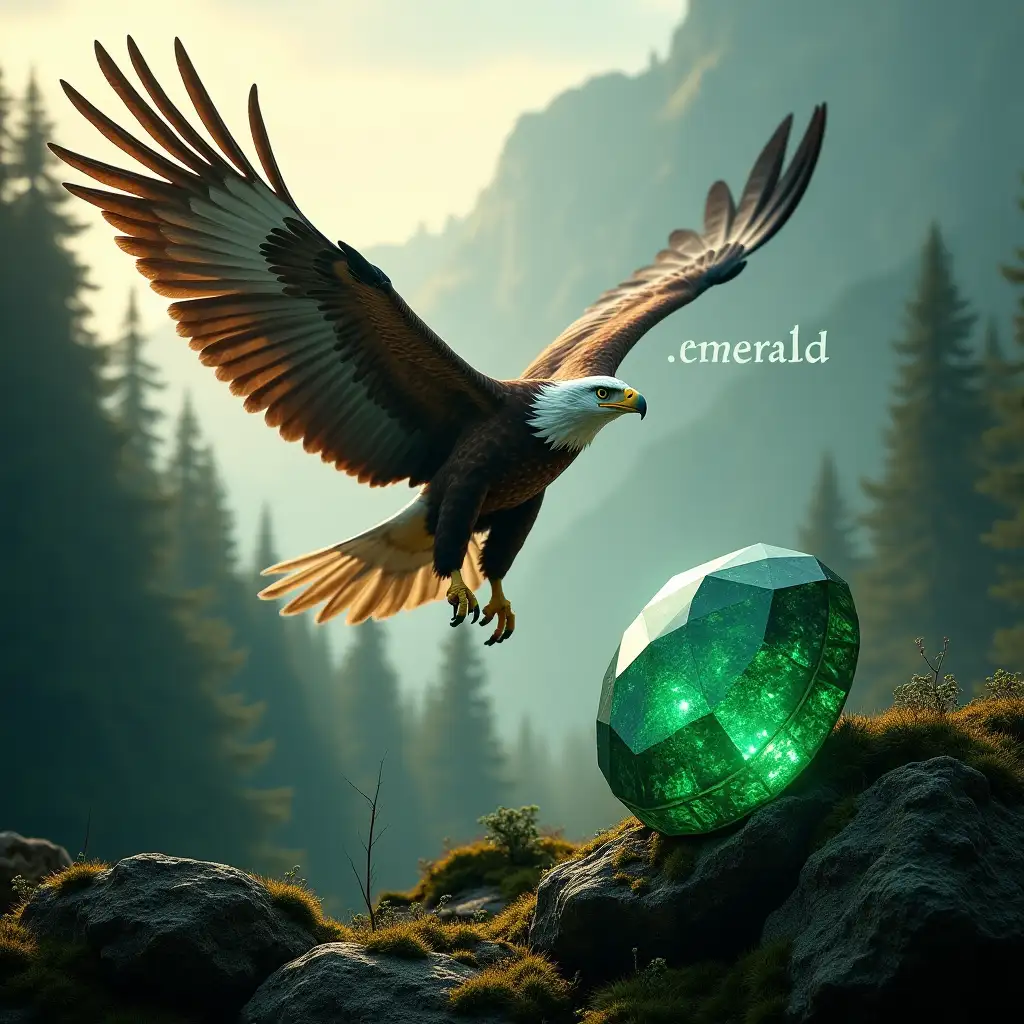 Create a high-quality, photorealistic image of a majestic eagle soaring over a misty mountain forest, paired with a large, detailed emerald gemstone. The eagle, with outstretched wings and intense, piercing eyes, is positioned in the foreground. Below, the mist-covered forest is rich with lush, green trees, with moss-covered rocks and scattered emerald-hued vegetation. Sunbeams filter through the fog, casting a warm, golden light over the scene, highlighting the eagle's feathers. The emerald gemstone, with vibrant clarity and intricate facets, is nestled naturally among the rocks, blending harmoniously with the forest's green tones. Overlaid in white text are the labels 'Eagle' and 'Emerald,' hinting at a concept that combines the eagle's strength with the gemstone's beauty. The image should have rich lighting effects, capturing both the wild essence of the eagle and the enchanting allure of the emerald.