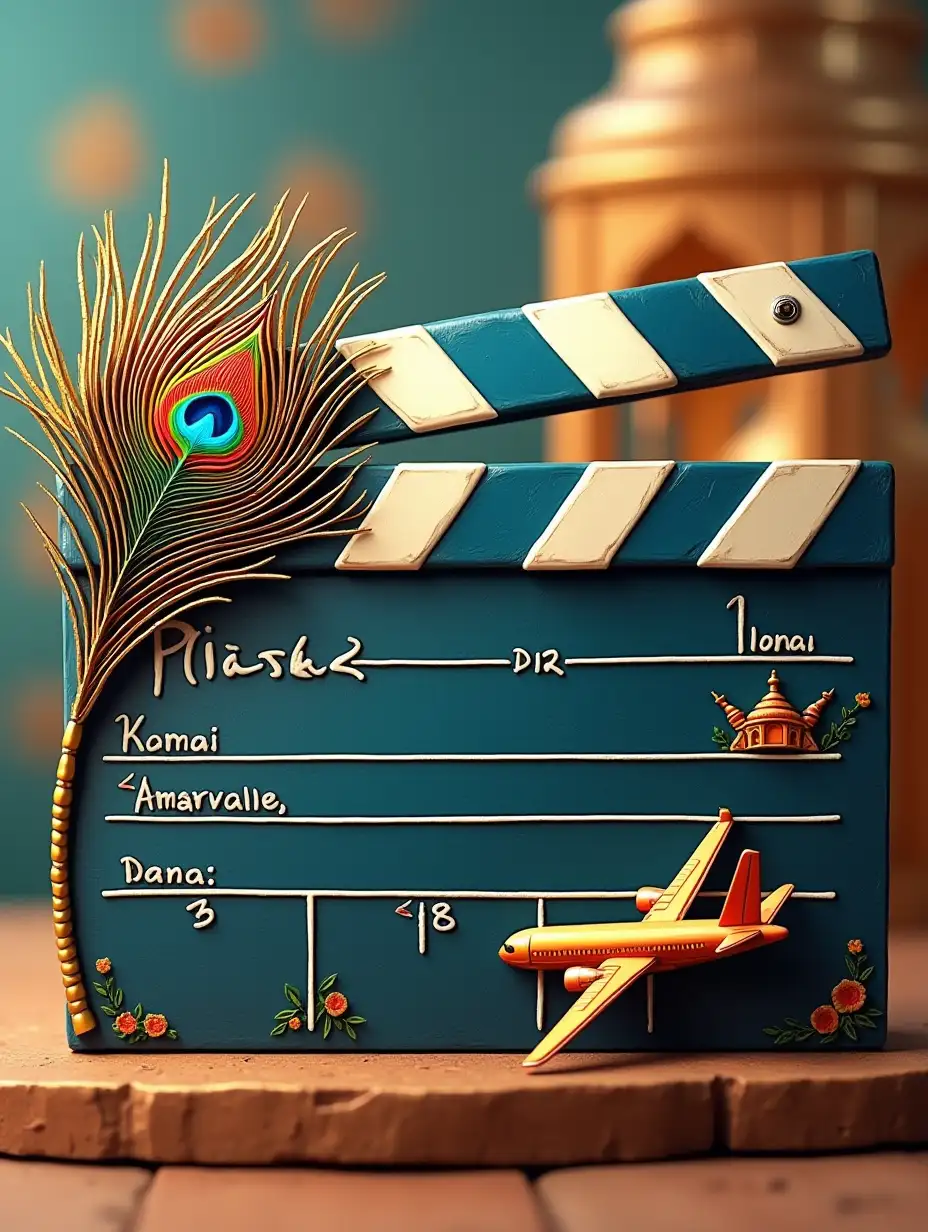 A dynamic clapperboard with Indian cultural elements like a peacock feather and a small map of India on one side, paired with an airplane and a video timeline bar beneath it. The design uses bright colors such as gold, blue, and orange for a vibrant Indian feel.