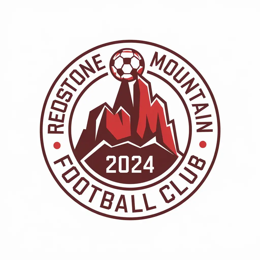 a vector logo design,with the text "Redstone Bone Mountain Football Club, 2024", main symbol:Red stone mountain peak, soccer, overall circular pattern,Moderate,be used in Sports Fitness industry,clear background