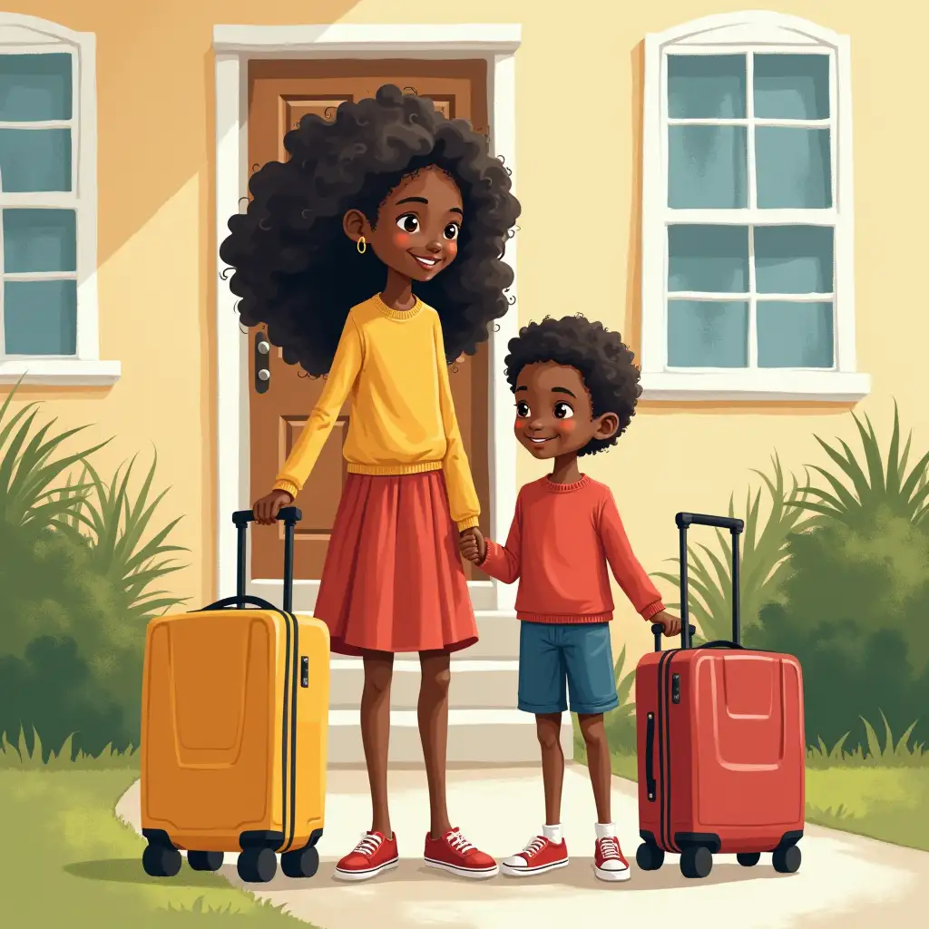 Illustration of Black Mother Daughter and Son with Suitcases Outside Their Home