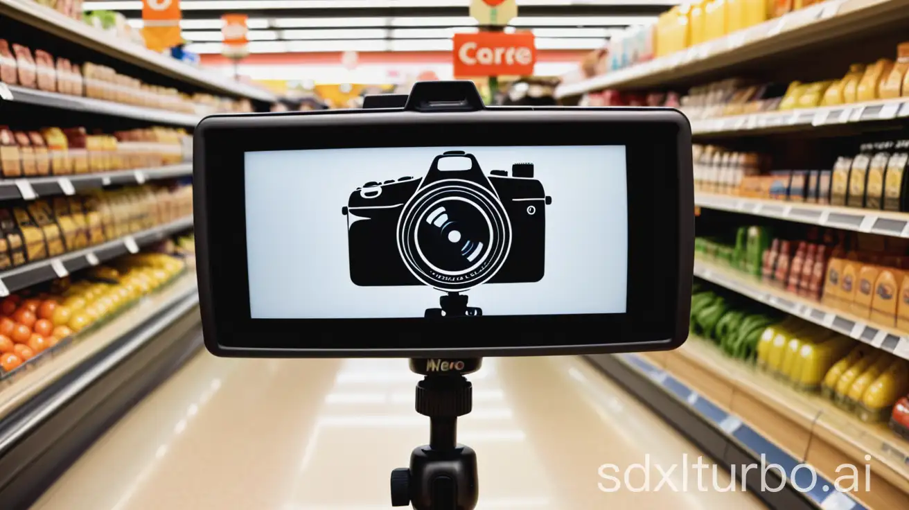 a sign with a camera in a grocery store, symbolizing ongoing video recording