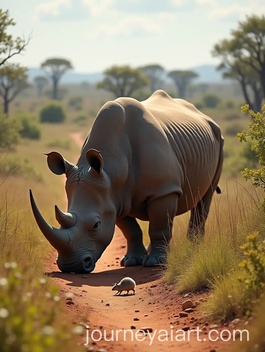 Rhino-Grazing-in-the-SunDrenched-Savanna-with-a-Small-Rat-Scurrying-Nearby