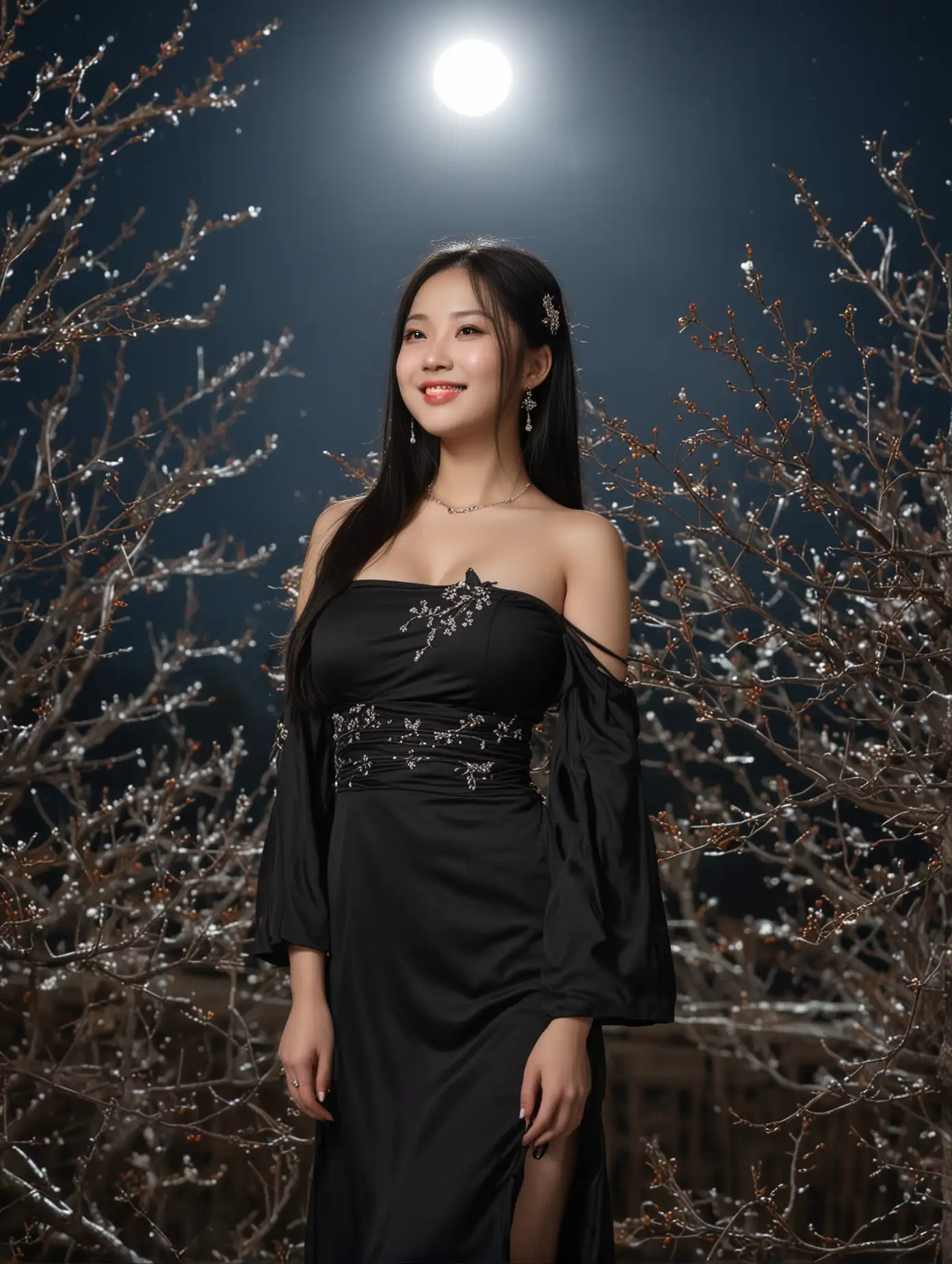 Chinese girl, solo, long hair, black hair accessory, one-piece dress, exposed shoulders, full-figured, jewelry, standing, smiling, upper body, night, Chinese clothing, profile, moon, night sky, full moon, tree branches, facing front