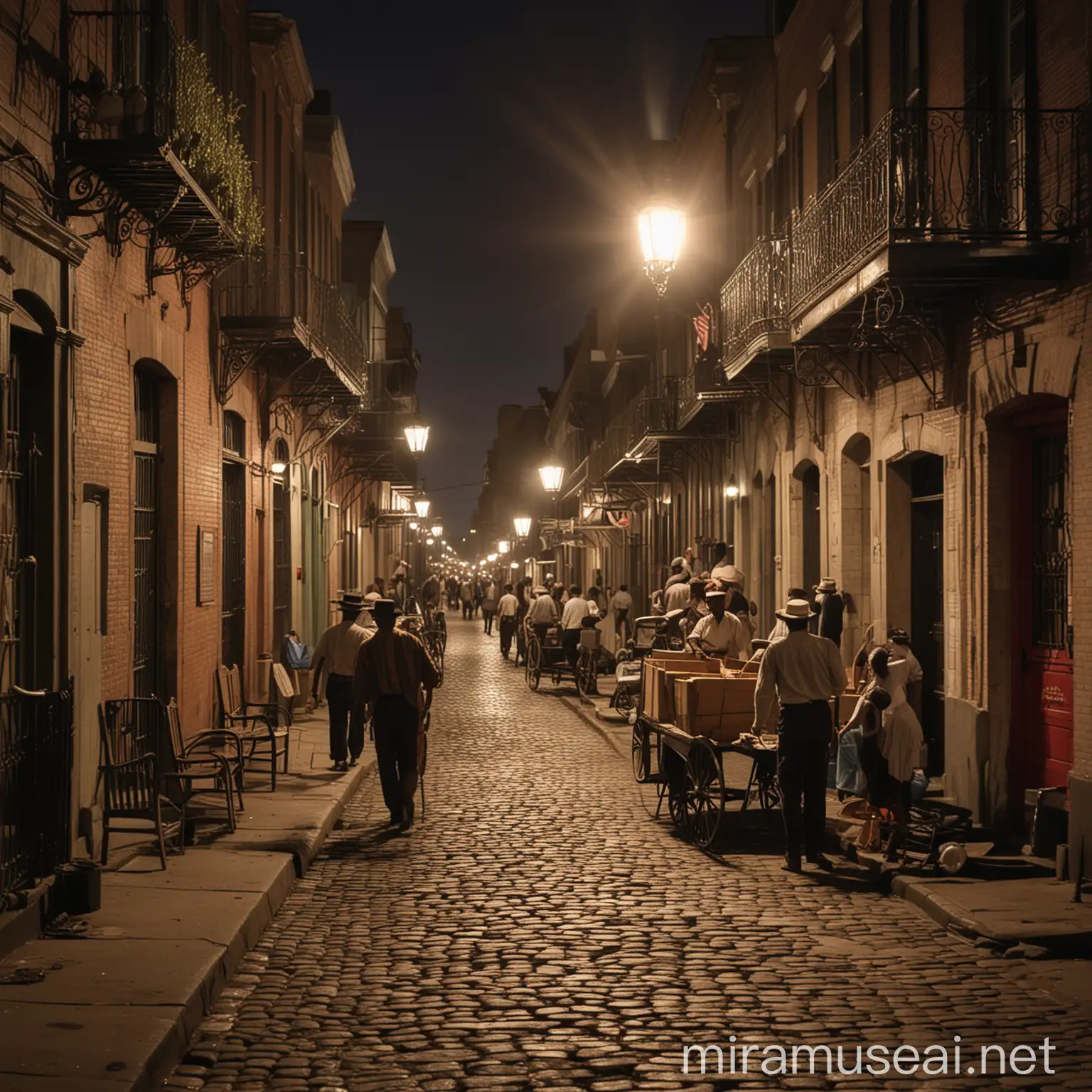 Gaslit Cobblestone Streets with Street Vendors in 1860s New Orleans