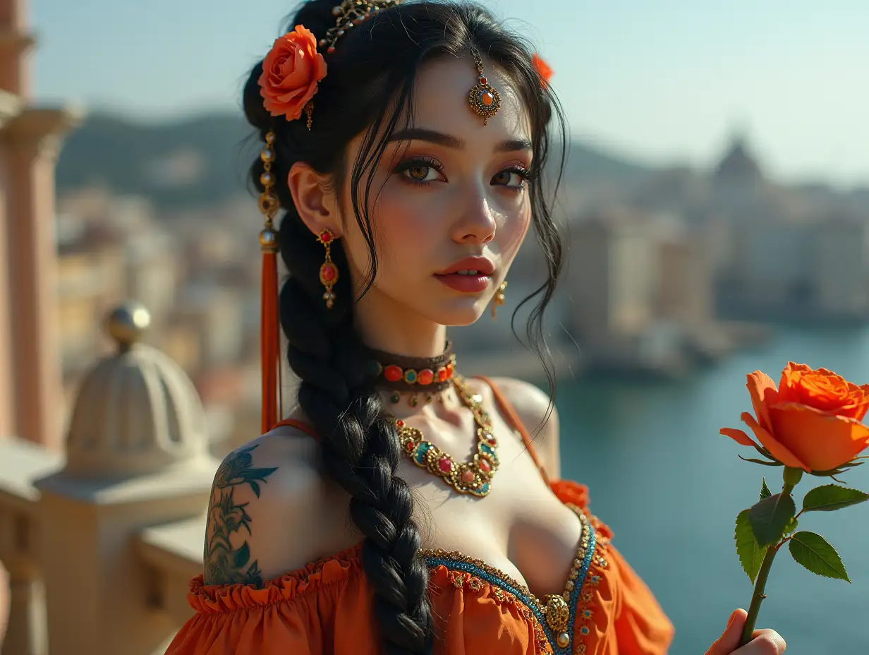 user_prompt: Hyperrealistic representation of a beautiful white woman with Henna tattoo, futuristic long black braided hair and laced boots, holding an orange rose, wearing elaborately detailed, colorful and futuristic jewelry. Background terrace blur, 120mm shot