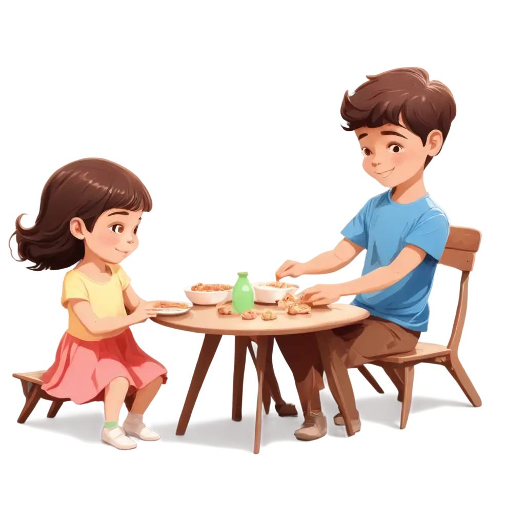 Cartoon-Cute-Little-Sister-Feeding-by-Elder-Handsome-Brother-PNG-Image