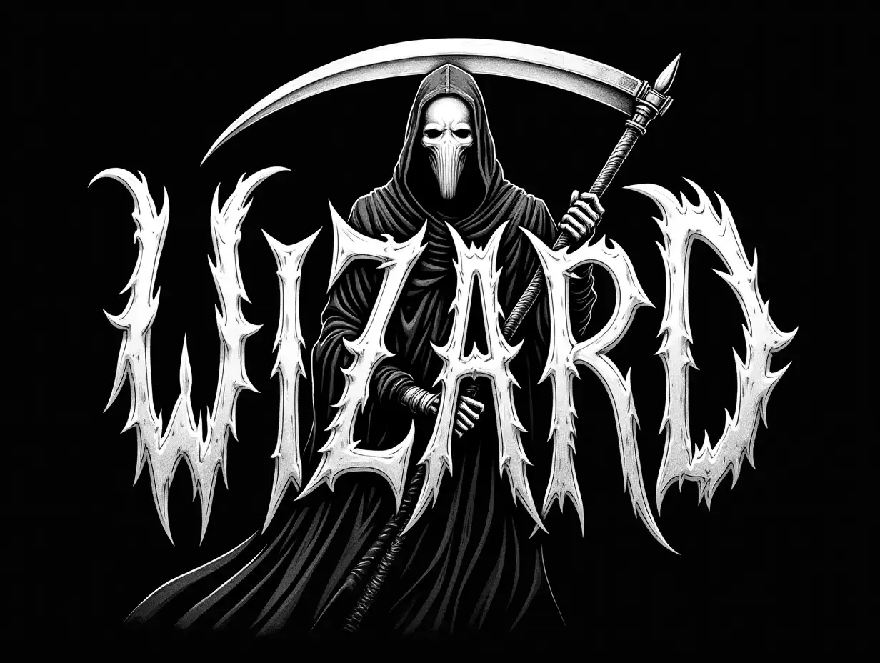 Engraved-Typography-of-WIZARD-with-Faceless-Grim-Reaper-Holding-Scythe-in-Black-and-White-Ink