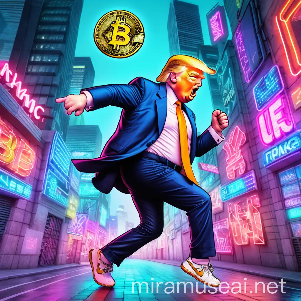 Donald Trump Dancing with Bitcoin in a Neon City