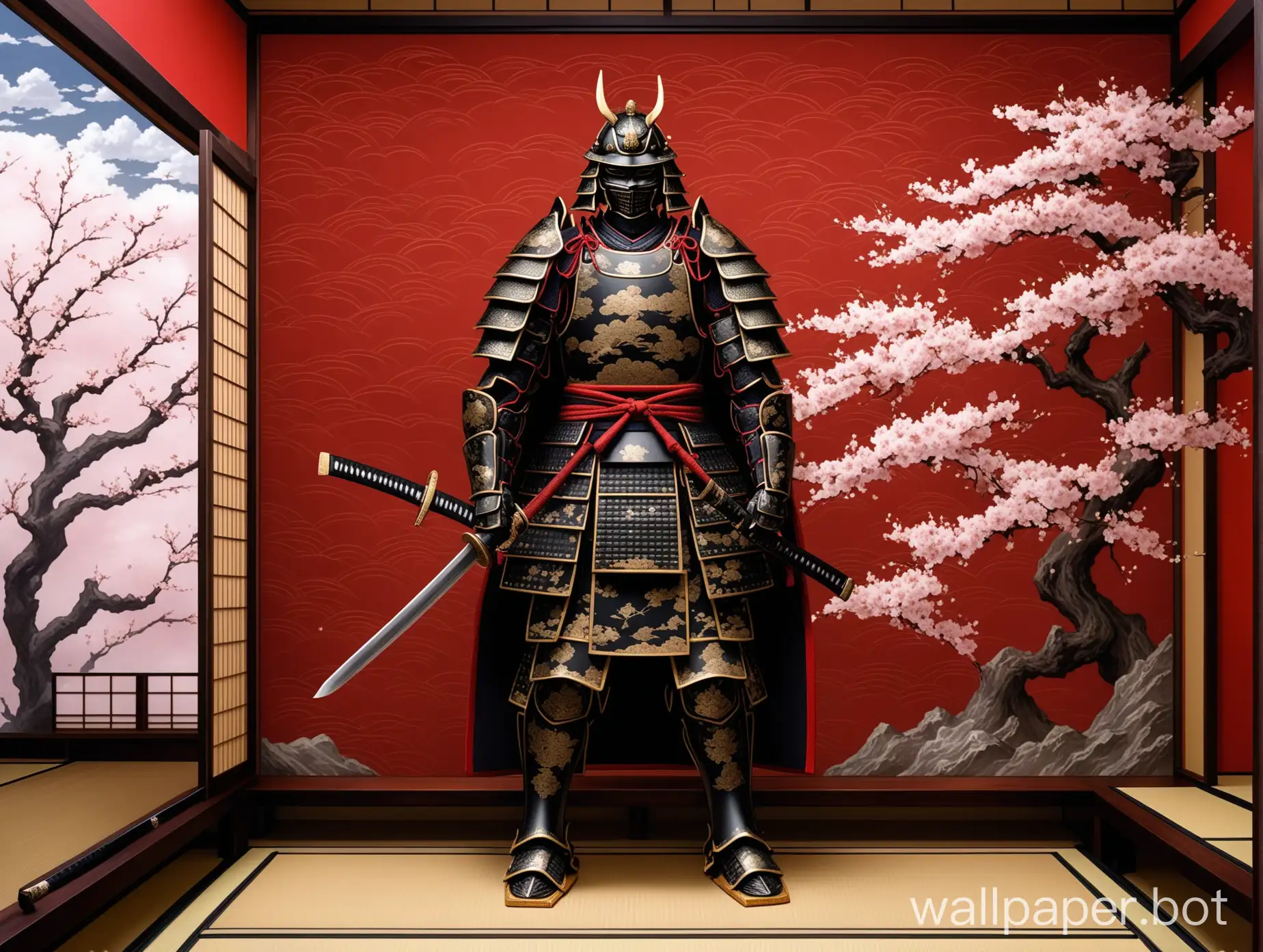 Dark Samurai armor inlaid with gold and dark katana made from Damascus steel are put on display on an armor stand in a recessed wall in a Japanese-style house. The house has dark red wallpaper with Japanese-style clouds and cherry blossom trees. There are many Japanese accessories surrounding the armor.