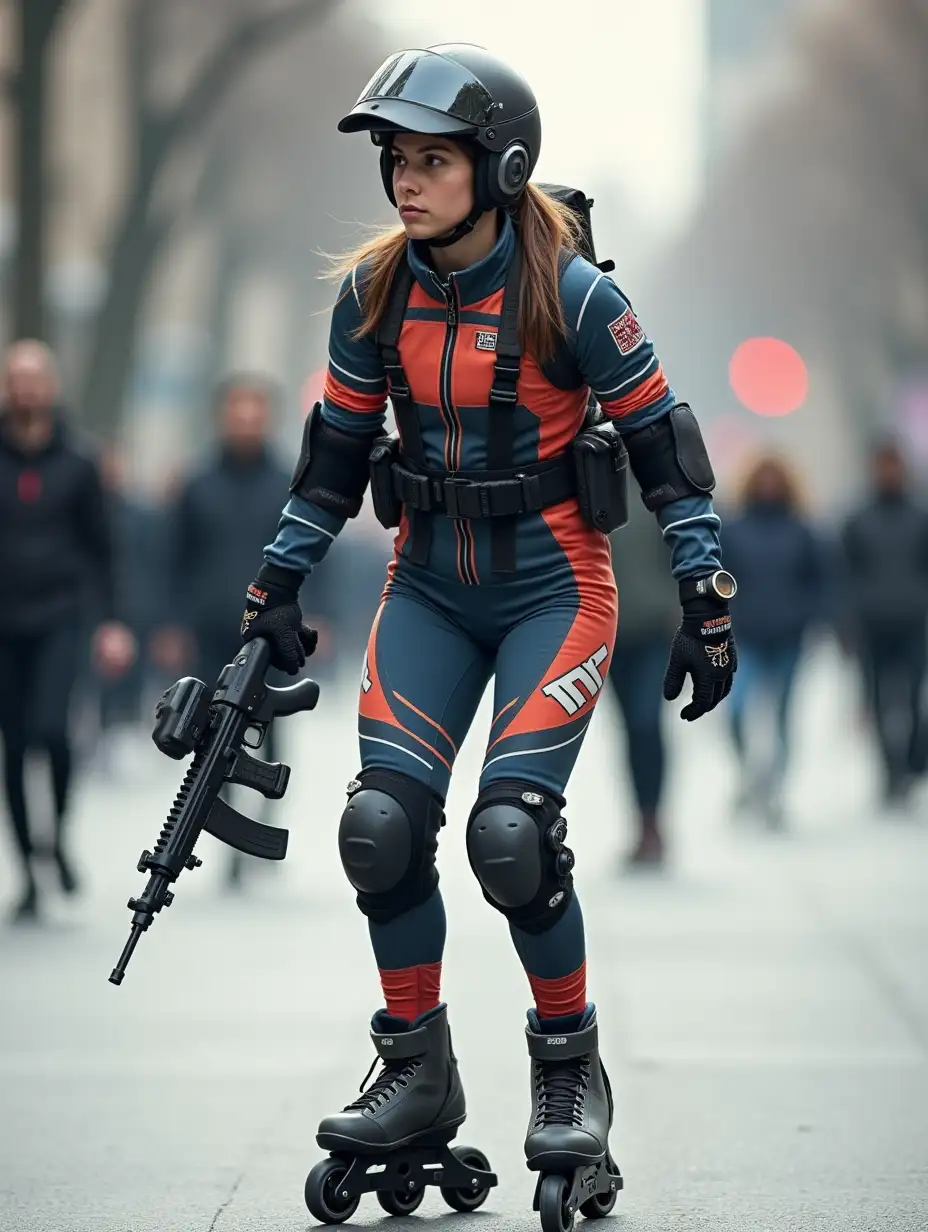 a 17 year old airsoft geared woman at a distance, she is skating on a street, holding a weapon, ordinary people in background, clothes have racing colors, she is wearing lots of functional sportswear, cycling gloves, airsoft helmet with transparent visor over eyes, smartwatch, thick plastic knee pads, modern inline skates with complete organized wheels