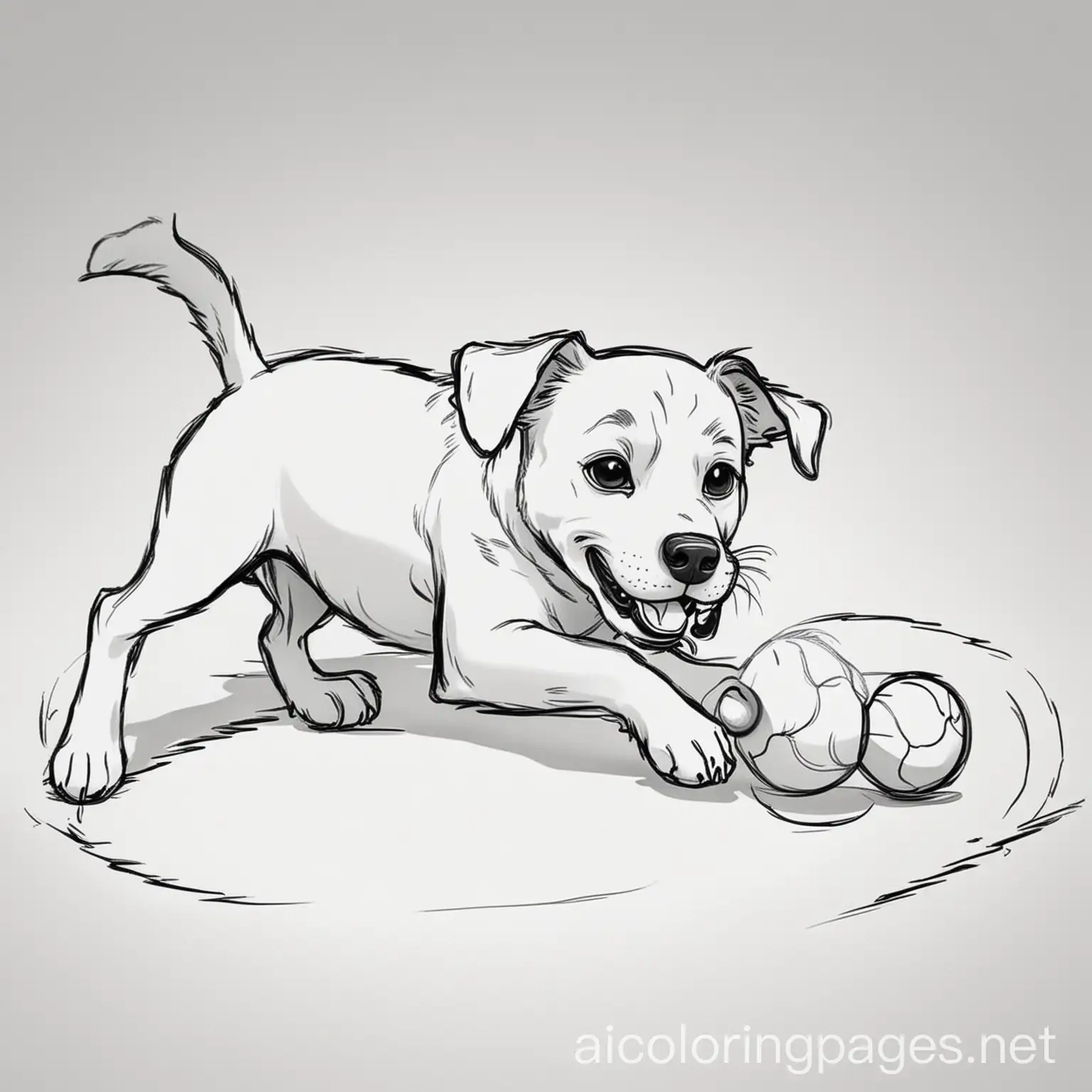 a dog playing with a ball, black and white outline, Coloring Page, black and white, line art, white background, Simplicity, Ample White Space. The background of the coloring page is plain white to make it easy for young children to color within the lines. The outlines of all the subjects are easy to distinguish, making it simple for kids to color without too much difficulty