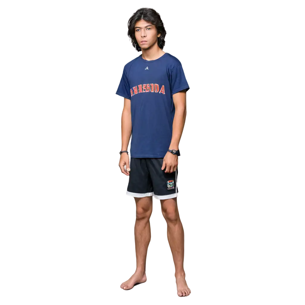 image facing front, 1 Indonesian man age 20, mullet hairstyle, wearing jersey, short pants, simple sandals