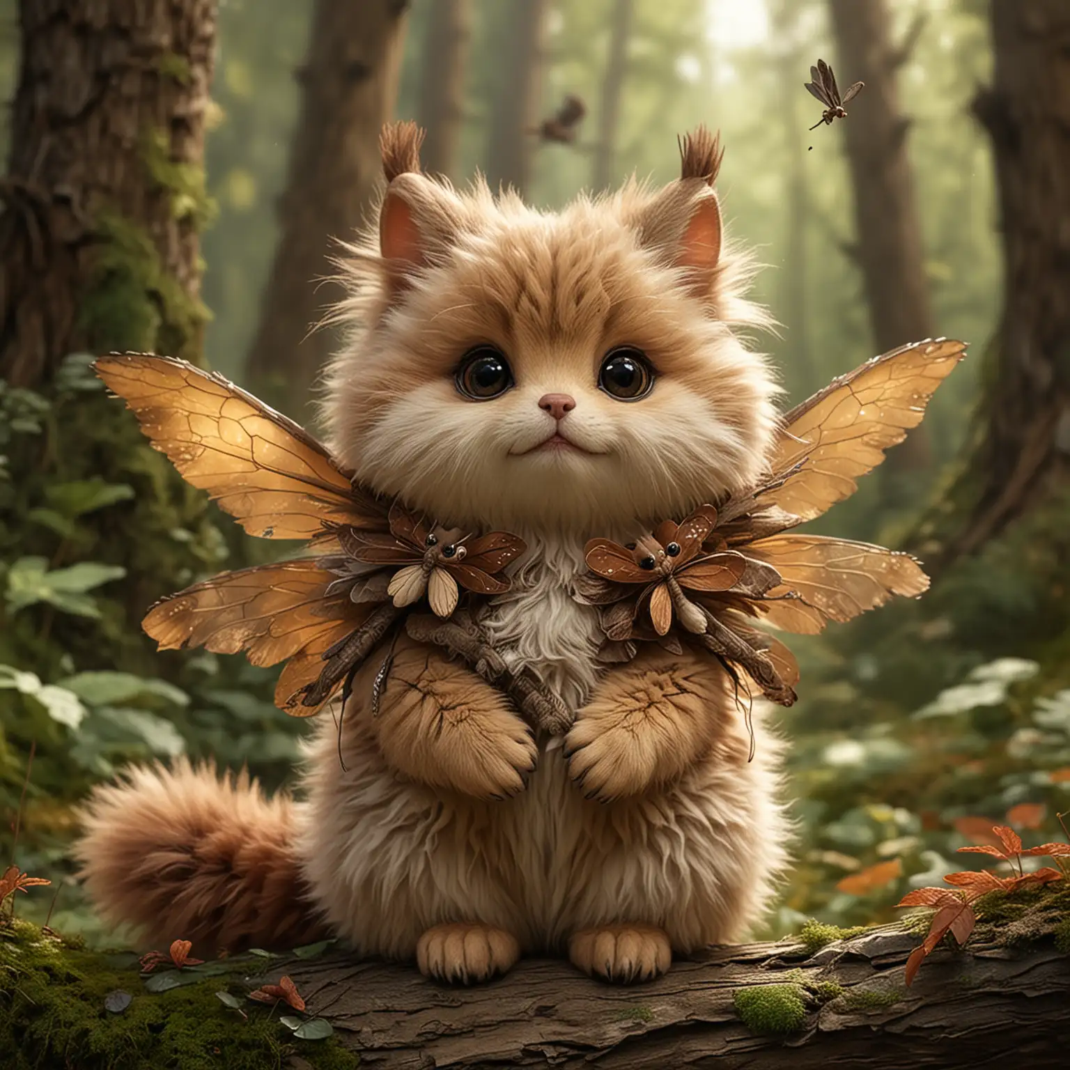 Adorable forest spirit, with a pouty kitten like face, fuzzy tawny fur, with dragonfly wings and a fluffy squirrel tail