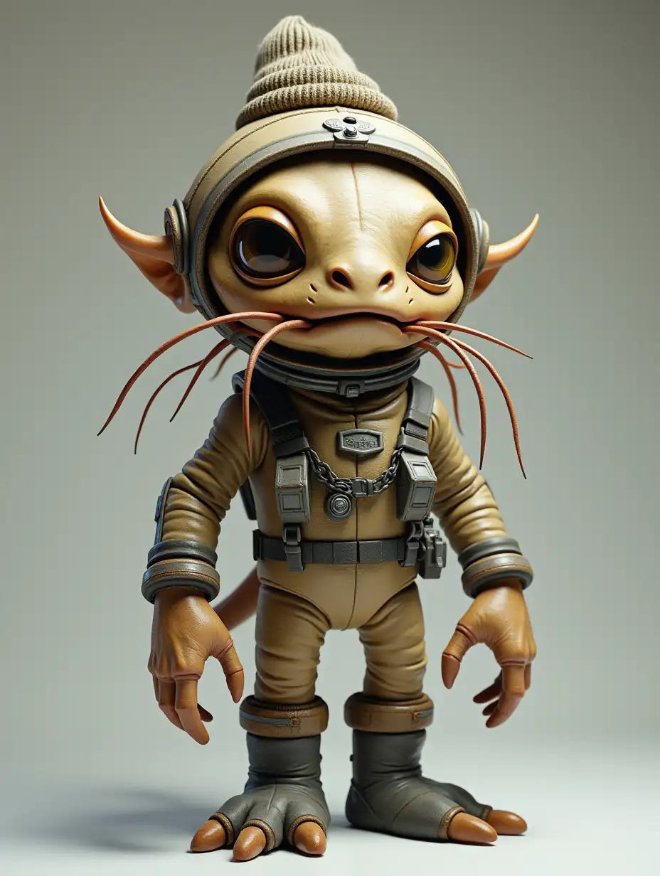 A large sized alien creature with a bulbous head. Four identical crab eyes on the face. A large mouth, fleshy nose and long whiskers resembling thin tentacles. The creature has six thin human hands and two legs clad in boots. Wearing a space suit with an open helmet, and on its head is a small knitted hat.