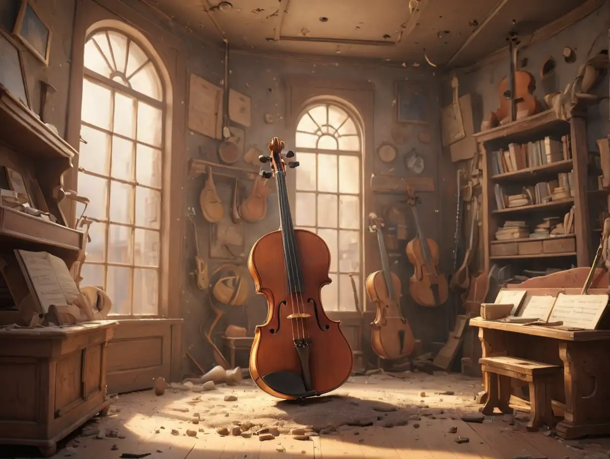 Draw a wide-angle view of a corner of a musical instrument shop, featuring an old violin covered in dust., 3d disney inspire
