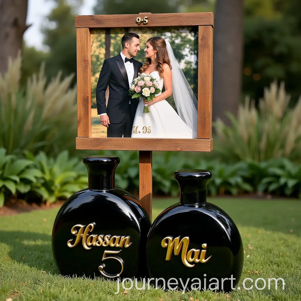 Wooden-Garden-Sign-with-Bride-and-Groom-Picture-and-Personalized-Perfume-Bottles