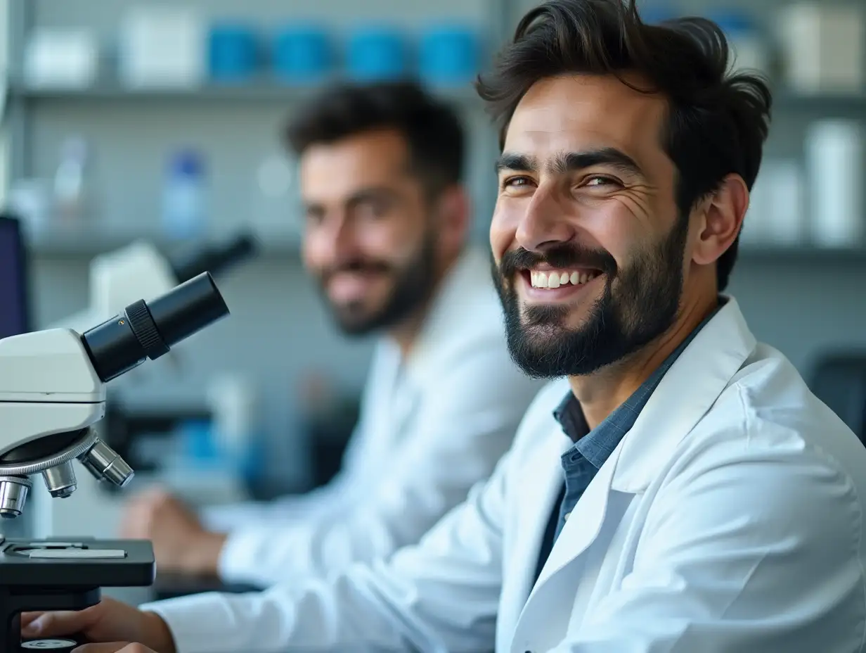 A young Iranian man with a beard and a smiling face looks this way while sitting in a laboratory room in front of a microscope and wearing a lab coat.