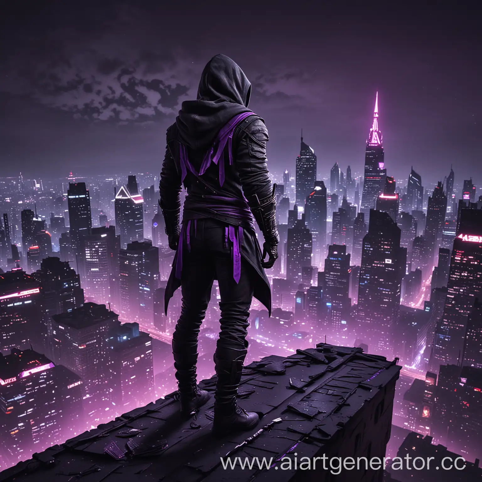 Silent killer (Assassin) stands on the roof With his back in hoodie in black clothing as in game Assasin creed night among neon skyscrapers with a little more purple color with hidden blades on hands.