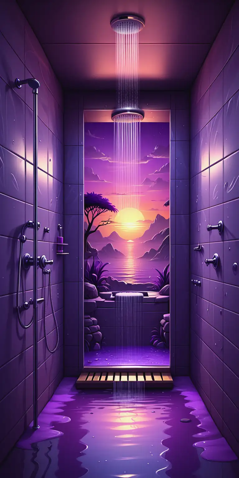 Fantasy Game Background Featuring a Shower Cabin Under a Purple Sunset