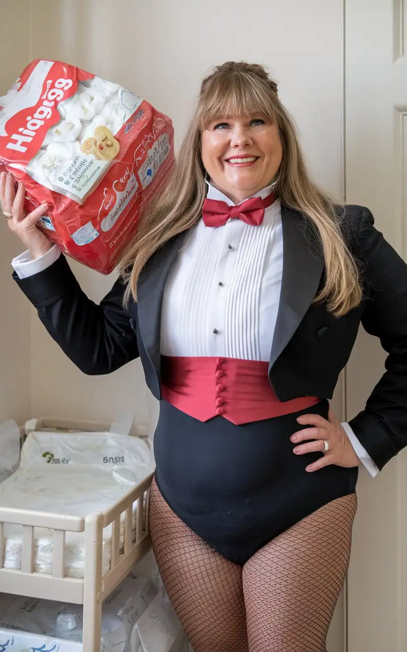 Caucasian-Woman-in-Formal-Tuxedo-Holding-Huggies-in-Nursery