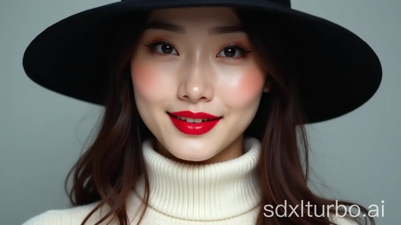 Mysterious-Chinese-Woman-in-Black-Hat-with-Shiny-Red-Lipstick