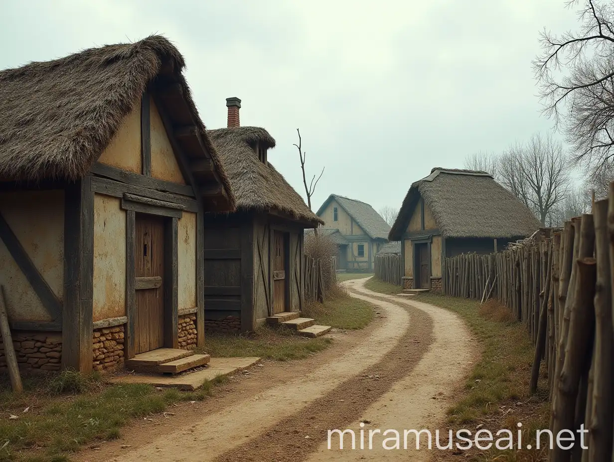 Historic Village Scene with Dilapidated Thatched Houses