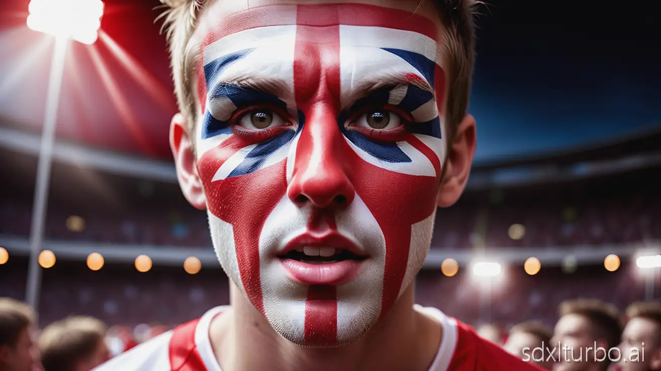 Extreme close-up portrait of a male football fan, face painted in red and white to resemble the England flag, intense eyes filled with emotion, stadium lights and cheering crowd reflected in his pupils, cinematic lighting, dramatic shadows, ultra-detailed, high contrast, 35mm lens, shallow depth of field