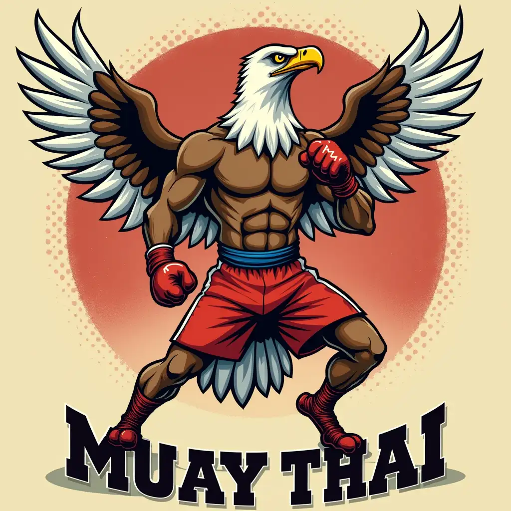 A tall cartoon and illustration eagle, stylized as a muscular fighter, is centrally positioned in a Muay Thai kicks . The eagle is brown with white wings and a yellow beak, displaying an angry expression. Its body is highly muscled, and it wears red Muay Thai shorts and wraps around its legs, and a navy blue belt. The eagle's stance is dynamic, with one leg raised and a fighting posture. The background features a vintage-style, sunburst design with reddish-brown and sepia tones.  There are dots in a halftone style. The text 'MUAY THAI' is prominently displayed in a bold, vintage-style font below the eagle. The overall style is an illustration or graphic design, reminiscent of classic posters from the mid-20th century.  The lighting is dramatic, with highlights emphasizing muscles and contours, and the overall color palette evokes a sense of athleticism and determination.  The perspective is a slightly high-angle view.